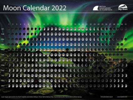The British Association of Planetaria is pleased to bring you the 2022 Moon calendar as a downloadable PDF file. Download and display in your classroom. Use it to teach about patterns and cycles in the natural world, and changes over time.